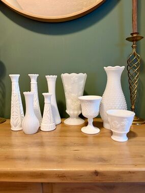 Vintage Milk Glass Lot Vases + Goblets Hobnail Grapes Wedding Decor